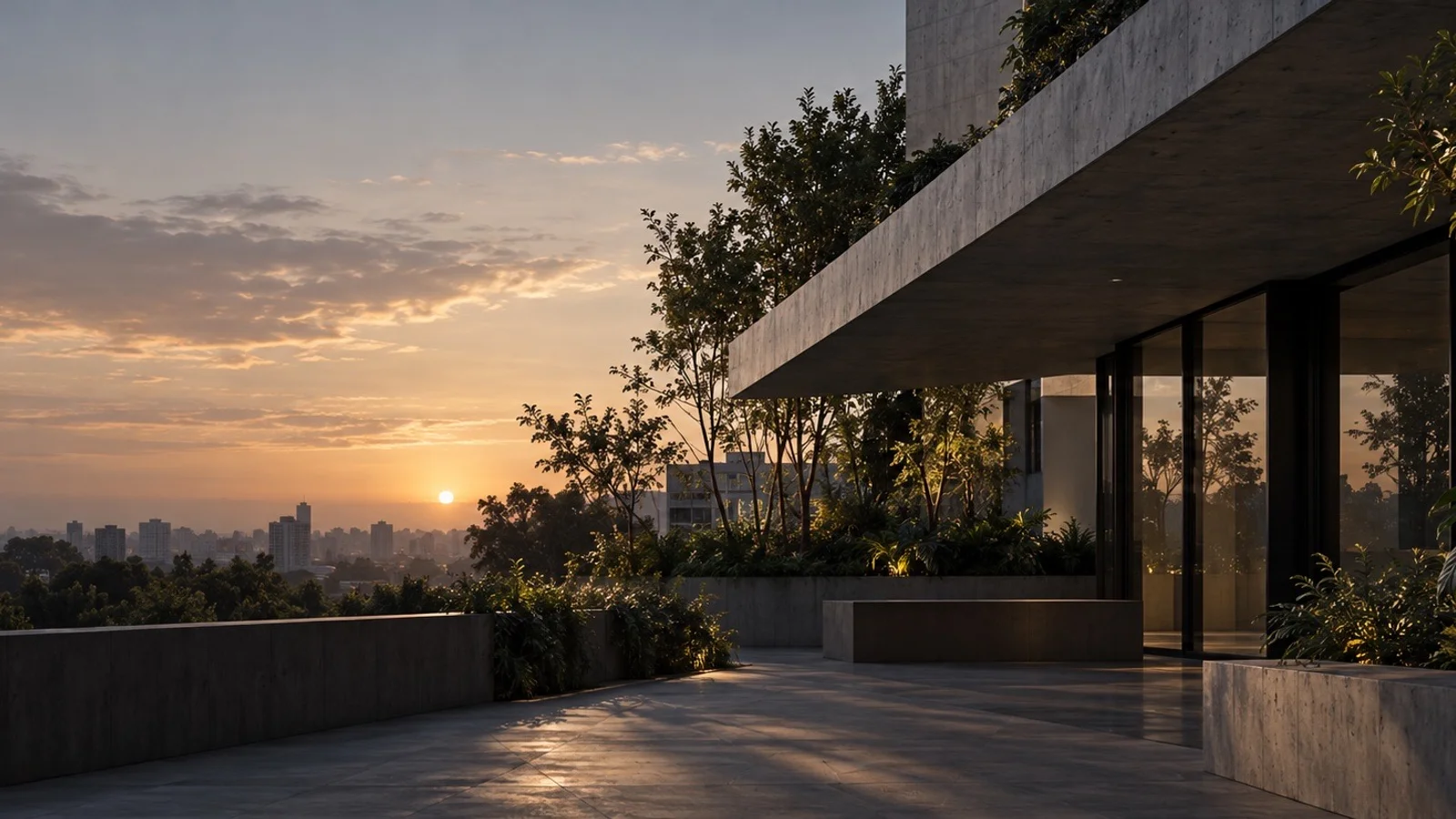 Terraza residencial al atardecer. Imagen ilustrativa.