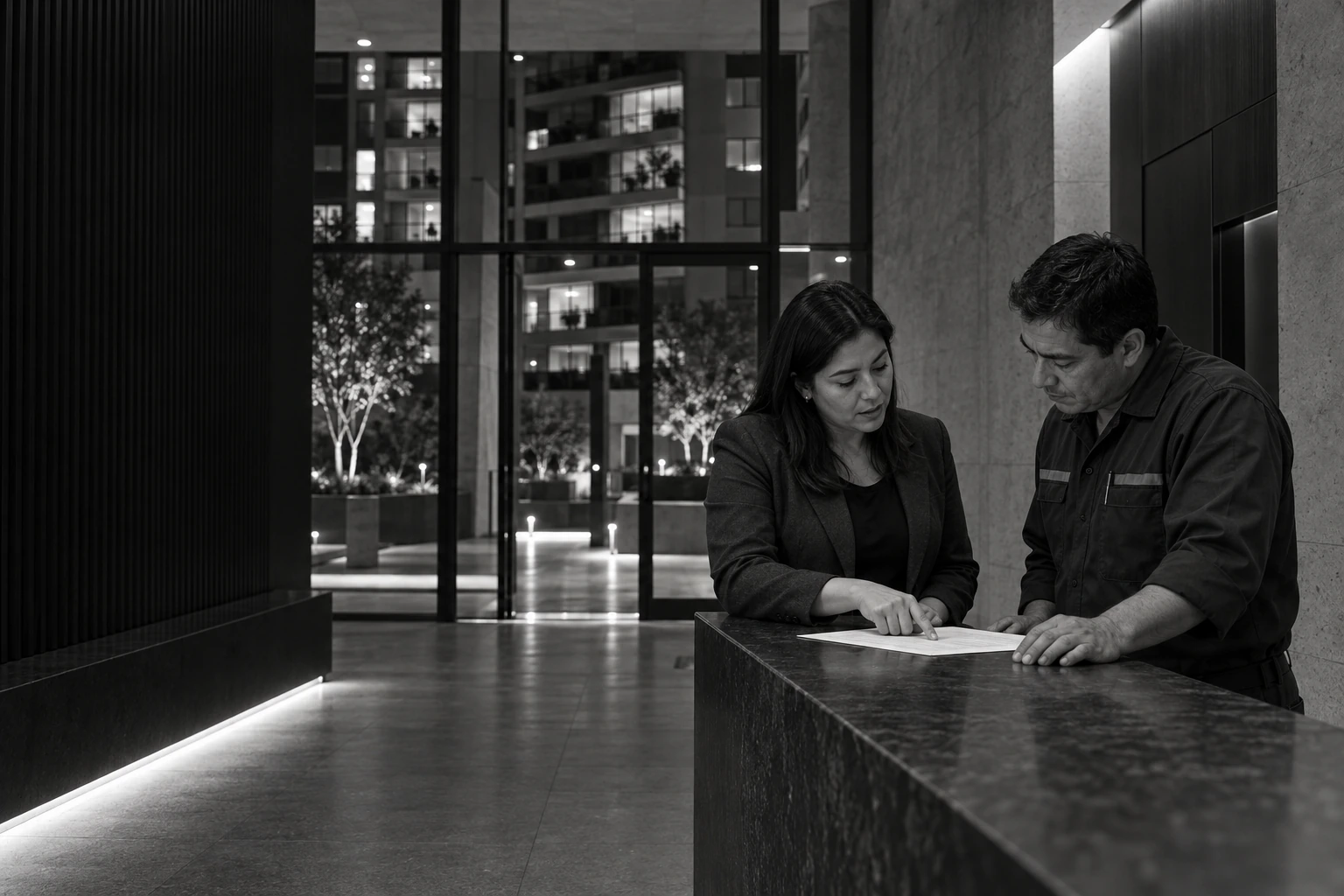 Dos personas revisan juntas un documento en el ingreso de un edificio